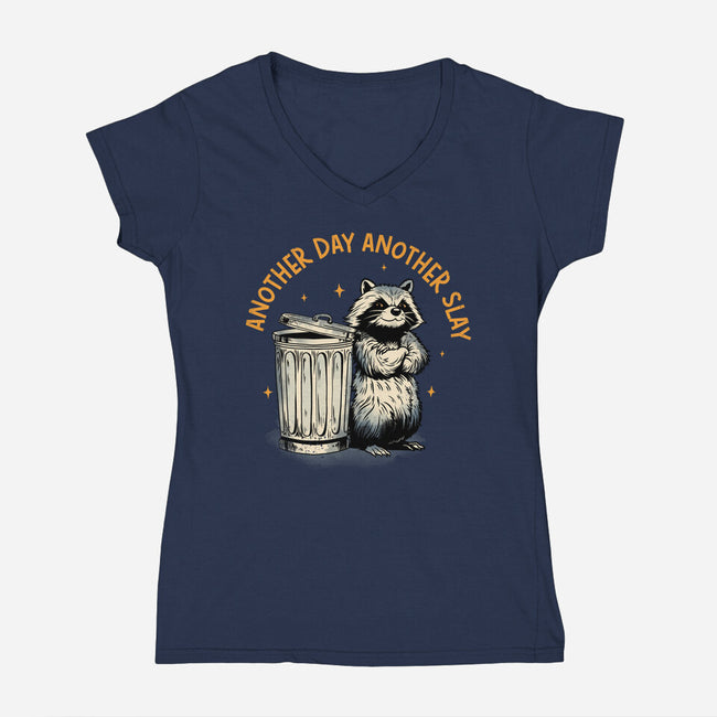 Another Day Another Slay Raccoon-Womens-V-Neck-Tee-dandingeroz