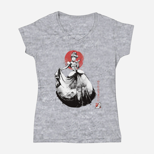 Moonlit Maiden Sumi-e-Womens-V-Neck-Tee-Astrobot Invention