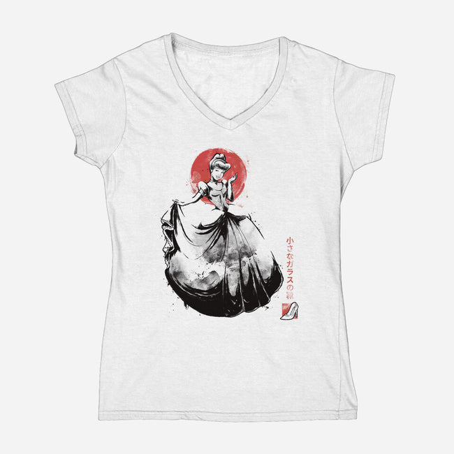 Moonlit Maiden Sumi-e-Womens-V-Neck-Tee-Astrobot Invention
