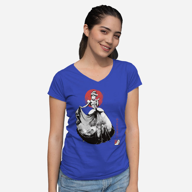 Moonlit Maiden Sumi-e-Womens-V-Neck-Tee-Astrobot Invention