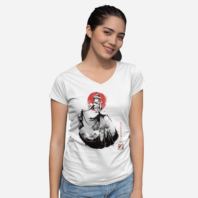 Moonlit Maiden Sumi-e-Womens-V-Neck-Tee-Astrobot Invention