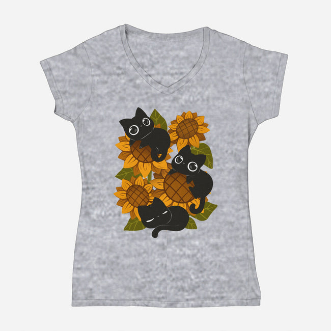 Sunflowers And Black Kitties-Womens-V-Neck-Tee-ricolaa