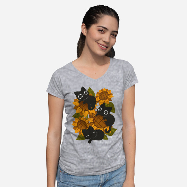 Sunflowers And Black Kitties-Womens-V-Neck-Tee-ricolaa