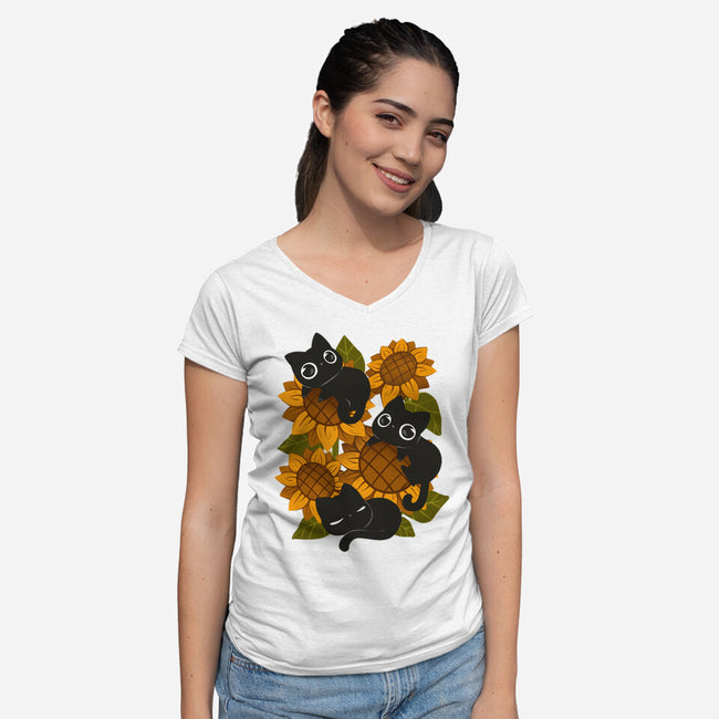 Sunflowers And Black Kitties-Womens-V-Neck-Tee-ricolaa