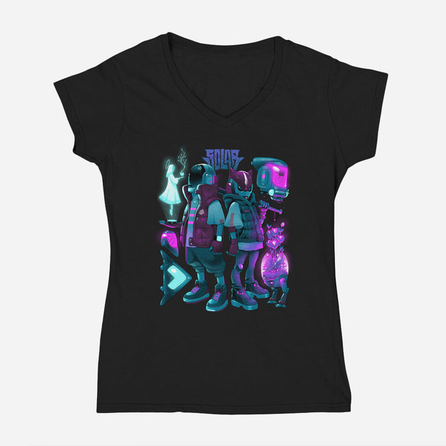 Robots And Faith-Womens-V-Neck-Tee-Bruno Mota