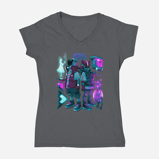 Robots And Faith-Womens-V-Neck-Tee-Bruno Mota