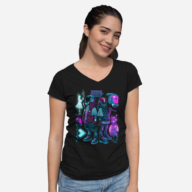 Robots And Faith-Womens-V-Neck-Tee-Bruno Mota