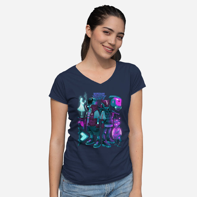 Robots And Faith-Womens-V-Neck-Tee-Bruno Mota