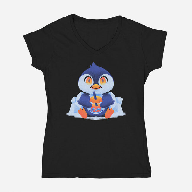Bubble Tea Penguin-Womens-V-Neck-Tee-FunkVampire