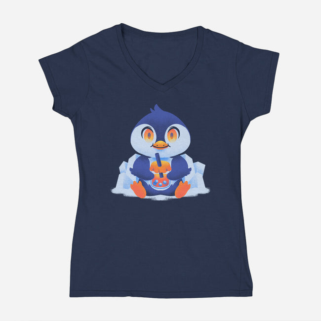 Bubble Tea Penguin-Womens-V-Neck-Tee-FunkVampire