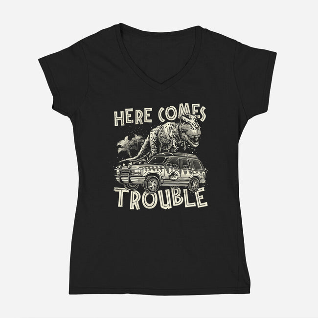 Here Comes Trouble-Womens-V-Neck-Tee-momma_gorilla
