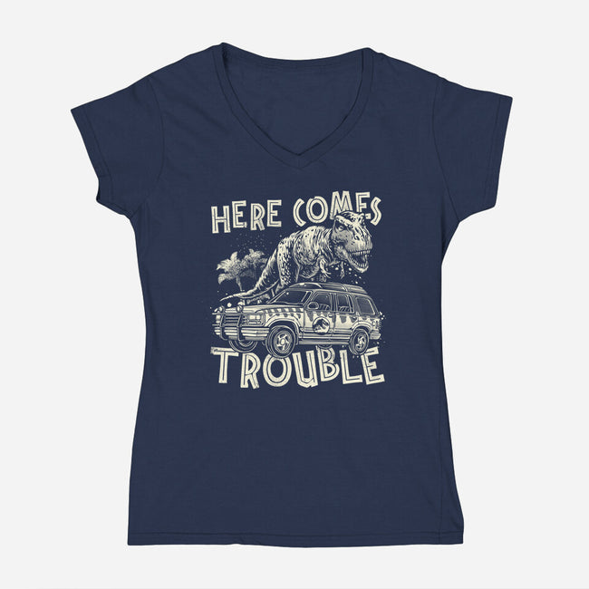 Here Comes Trouble-Womens-V-Neck-Tee-momma_gorilla