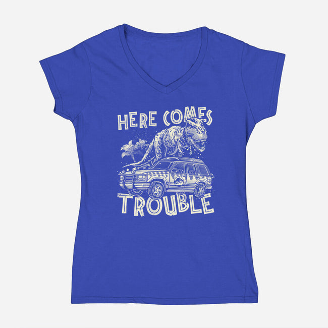 Here Comes Trouble-Womens-V-Neck-Tee-momma_gorilla