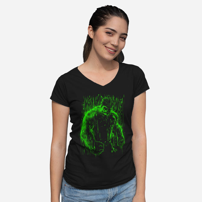 The Big Guy Under The Rain-Womens-V-Neck-Tee-kharmazero