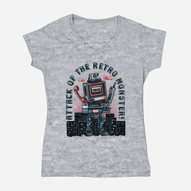 Attack Of The Retro Monster-Womens-V-Neck-Tee-momma_gorilla