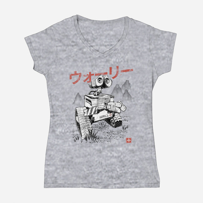 EcoBot Sumi-E-Womens-V-Neck-Tee-Astrobot Invention