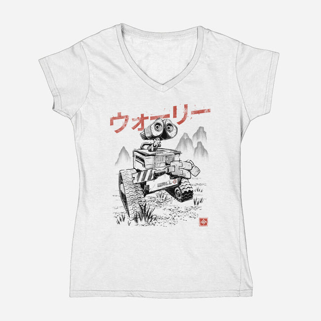 EcoBot Sumi-E-Womens-V-Neck-Tee-Astrobot Invention