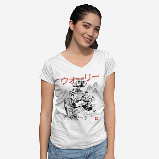 EcoBot Sumi-E-Womens-V-Neck-Tee-Astrobot Invention