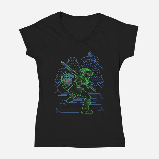 Neon Line-Art Hyrule Savior-Womens-V-Neck-Tee-Astrobot Invention