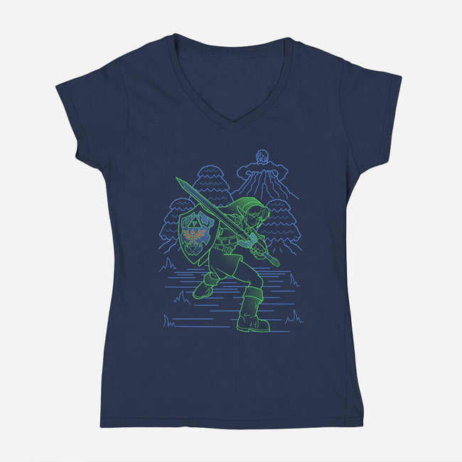 Neon Line-Art Hyrule Savior-Womens-V-Neck-Tee-Astrobot Invention