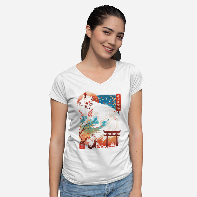 Kitsune Spirit-Womens-V-Neck-Tee-dandingeroz