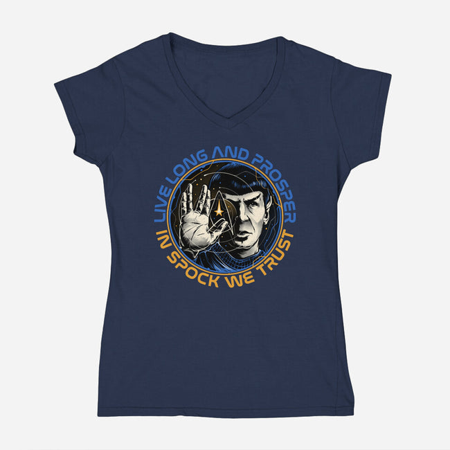 In Spock We Trust-Womens-V-Neck-Tee-momma_gorilla