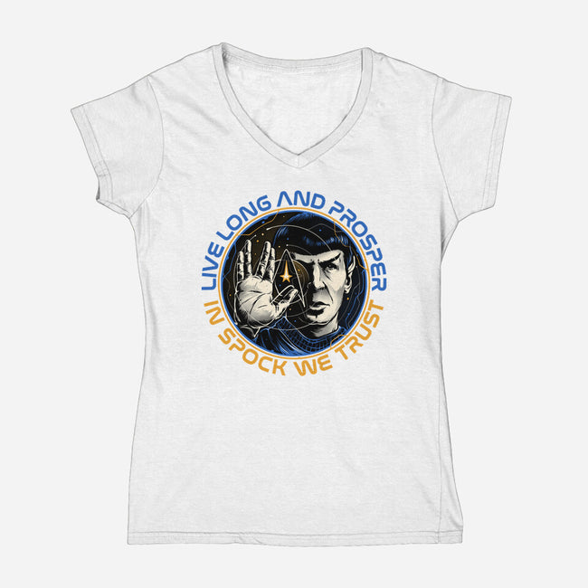 In Spock We Trust-Womens-V-Neck-Tee-momma_gorilla