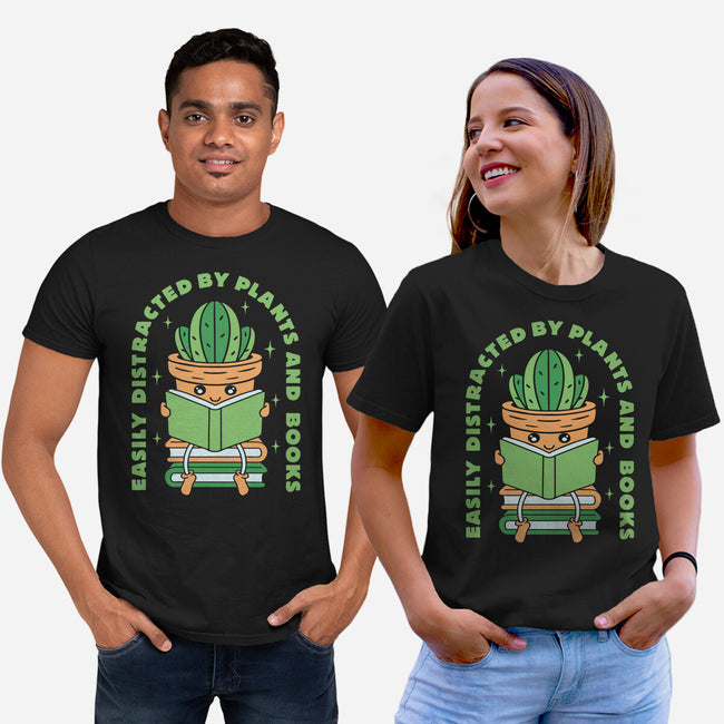 Easily Distracted By Plants And Books-Unisex-Basic-Tee-brunopires
