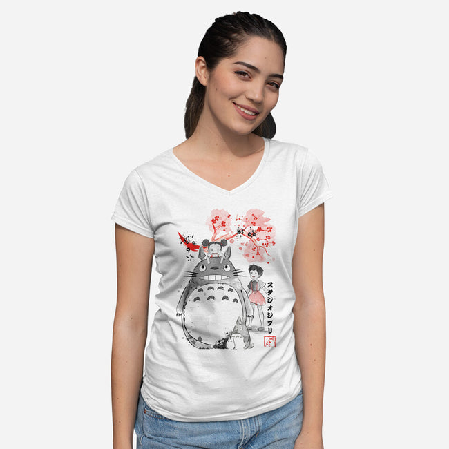 My Neighbor Sumi-e-Womens-V-Neck-Tee-DrMonekers