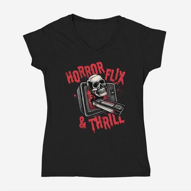 Horrorflix And Thrill-Womens-V-Neck-Tee-momma_gorilla