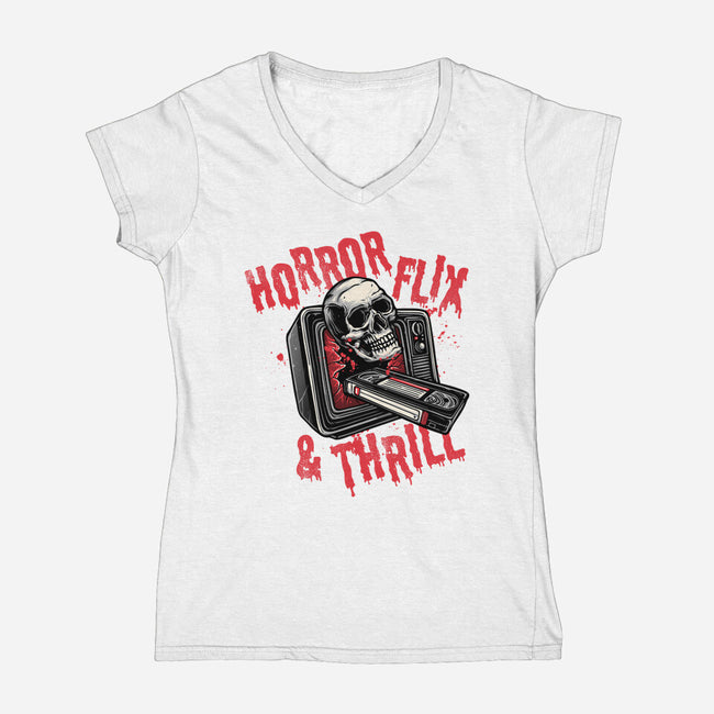 Horrorflix And Thrill-Womens-V-Neck-Tee-momma_gorilla