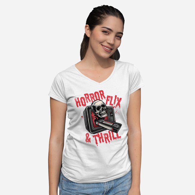Horrorflix And Thrill-Womens-V-Neck-Tee-momma_gorilla