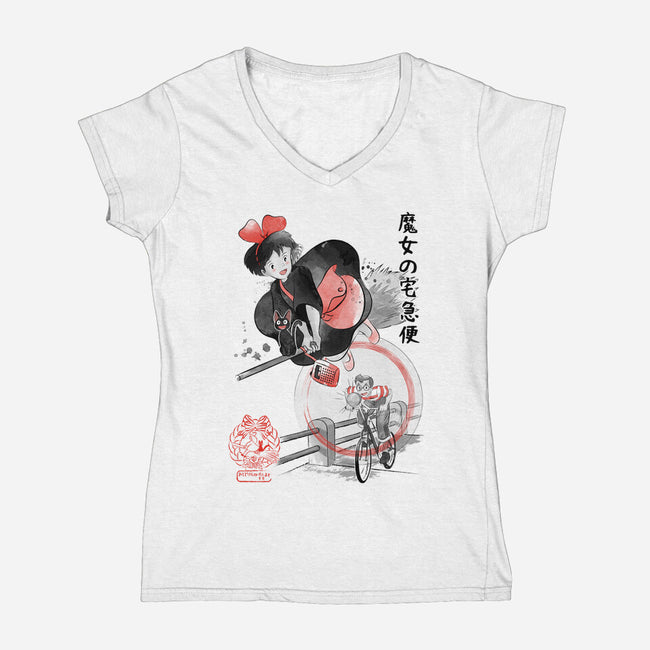 Delivery Service Sumi-e-Womens-V-Neck-Tee-DrMonekers