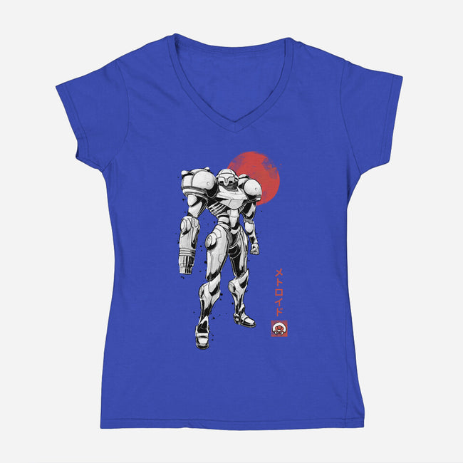 Bounty Huntress Sumi-e-Womens-V-Neck-Tee-Astrobot Invention