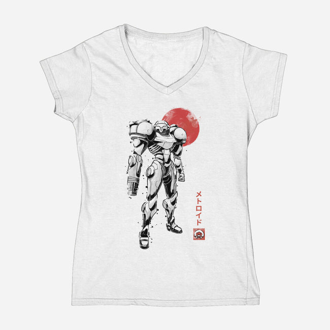 Bounty Huntress Sumi-e-Womens-V-Neck-Tee-Astrobot Invention