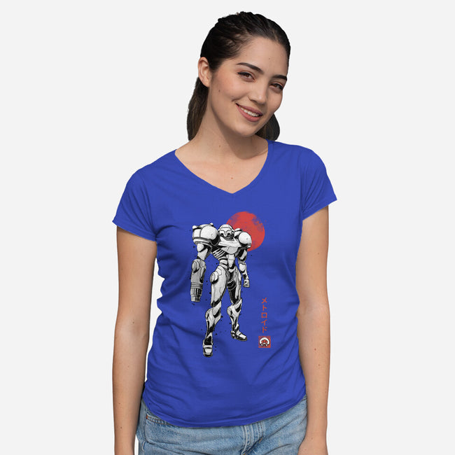 Bounty Huntress Sumi-e-Womens-V-Neck-Tee-Astrobot Invention