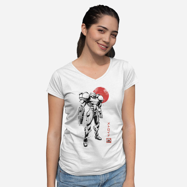 Bounty Huntress Sumi-e-Womens-V-Neck-Tee-Astrobot Invention