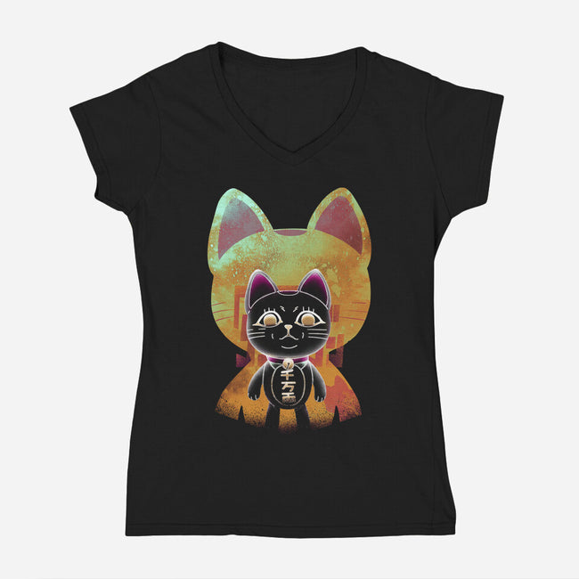 Negative Yokai Cat-Womens-V-Neck-Tee-Donnie