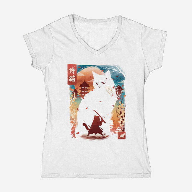 Samurai Cat Landscape-Womens-V-Neck-Tee-dandingeroz