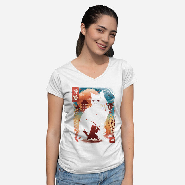 Samurai Cat Landscape-Womens-V-Neck-Tee-dandingeroz