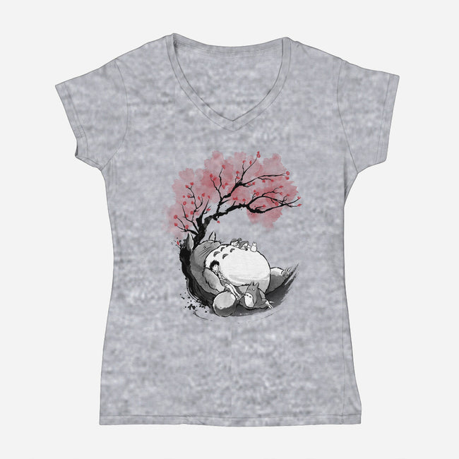 Sakura Neighbor Sumi-e-Womens-V-Neck-Tee-DrMonekers