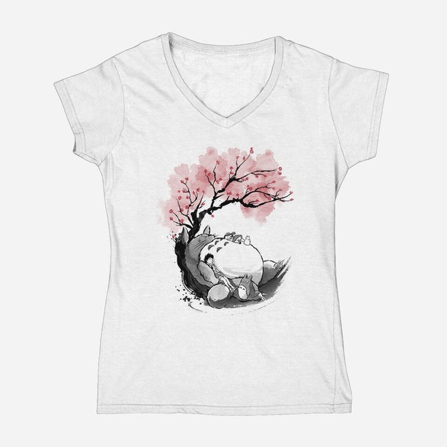 Sakura Neighbor Sumi-e-Womens-V-Neck-Tee-DrMonekers