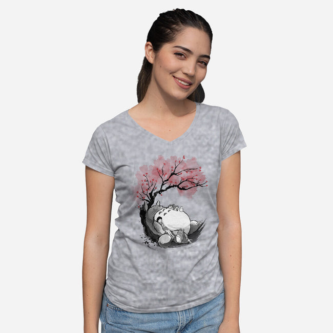 Sakura Neighbor Sumi-e-Womens-V-Neck-Tee-DrMonekers