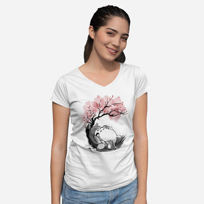 Sakura Neighbor Sumi-e-Womens-V-Neck-Tee-DrMonekers