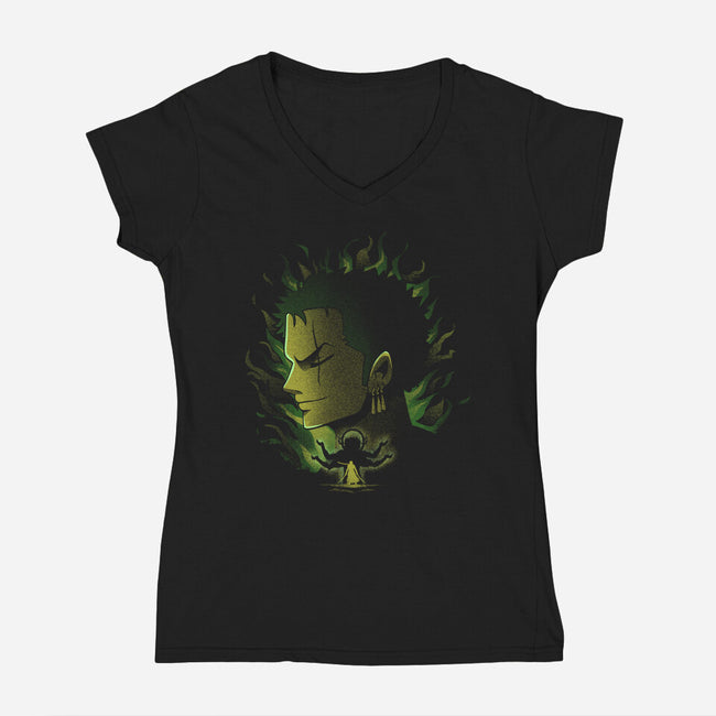 Strawhat Swordsman-Womens-V-Neck-Tee-grevalra