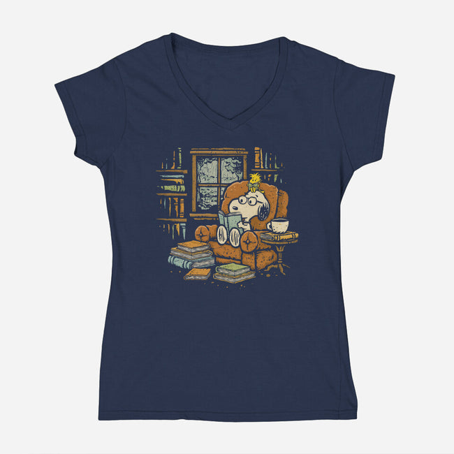 Rainy Day Reading-Womens-V-Neck-Tee-kg07