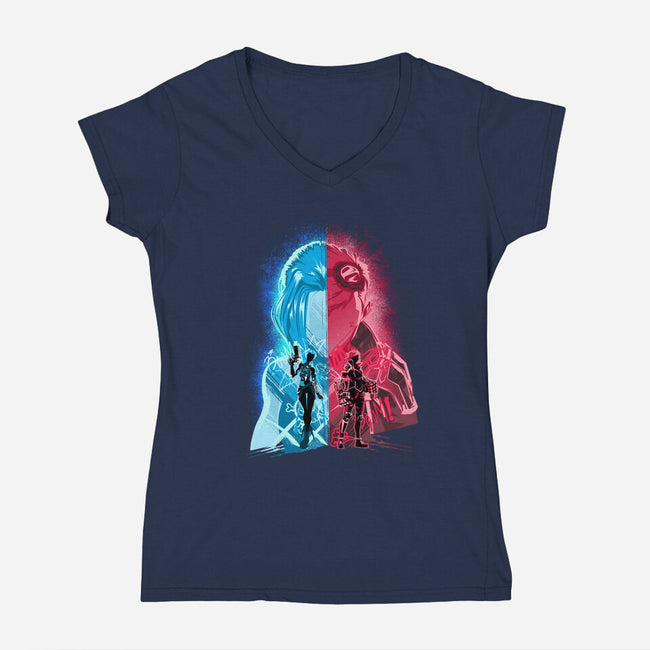Heartsteel Sisters-Womens-V-Neck-Tee-hypertwenty