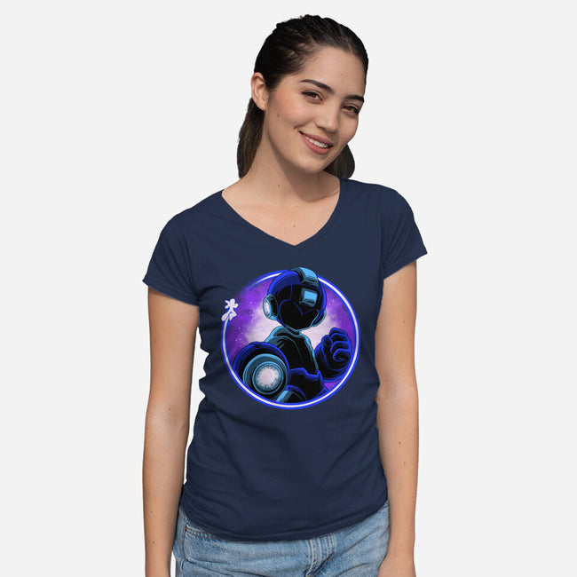 Blue Metal Hero-Womens-V-Neck-Tee-rmatix