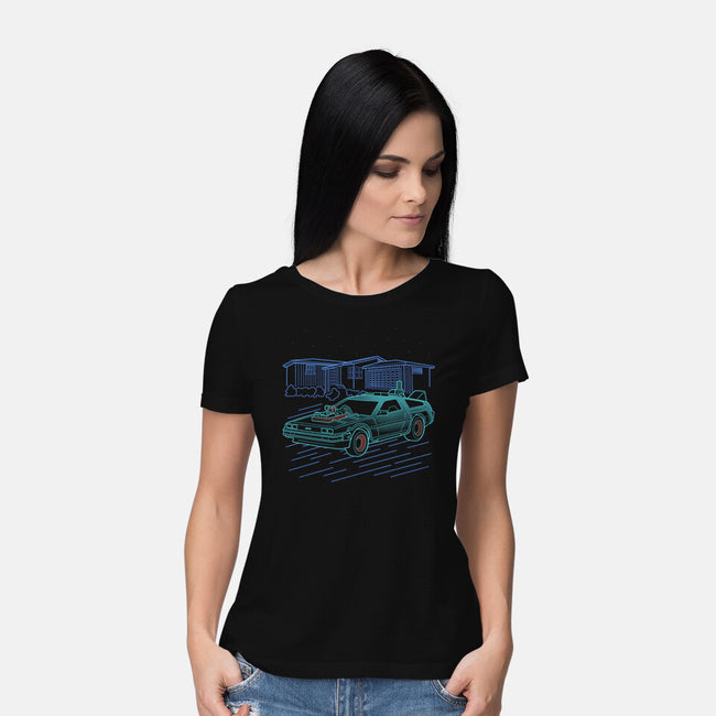 Neon Line-Art De Lorean-Womens-Basic-Tee-Astrobot Invention