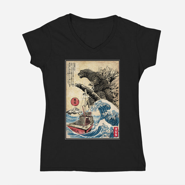 Orca In Japan Woodblock-Womens-V-Neck-Tee-DrMonekers